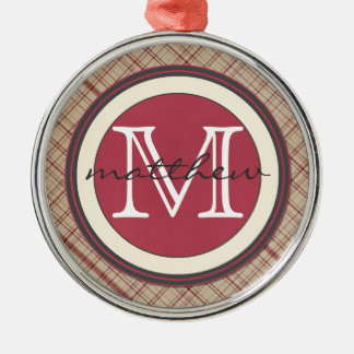 Personalized Red PLaid Monogram Metal Ornament