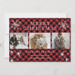 Personalized Red Plaid Snowflake 3 Photo Collage Holiday Card