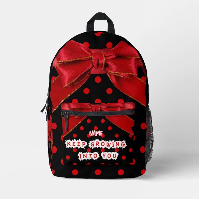 Personalized Red Polka Dot Bow Spiral  Printed Backpack (Front)