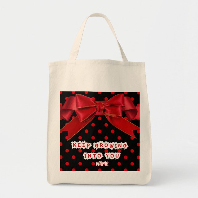 Personalized Red Polka Dot Bow Tote Bag (Front)