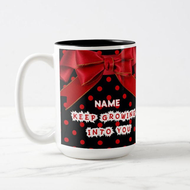 Personalized Red Polka Dot Motivational  Two-Tone Coffee Mug (Left)