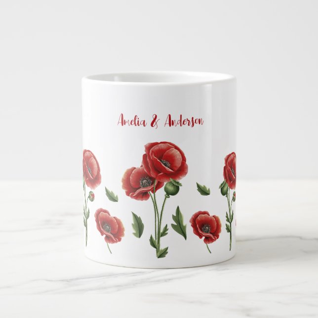 Personalized Red Poppies Floral  Large Coffee Mug (Front)