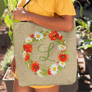 Personalized Red Poppy White Yellow Daisy Flowers Tote Bag