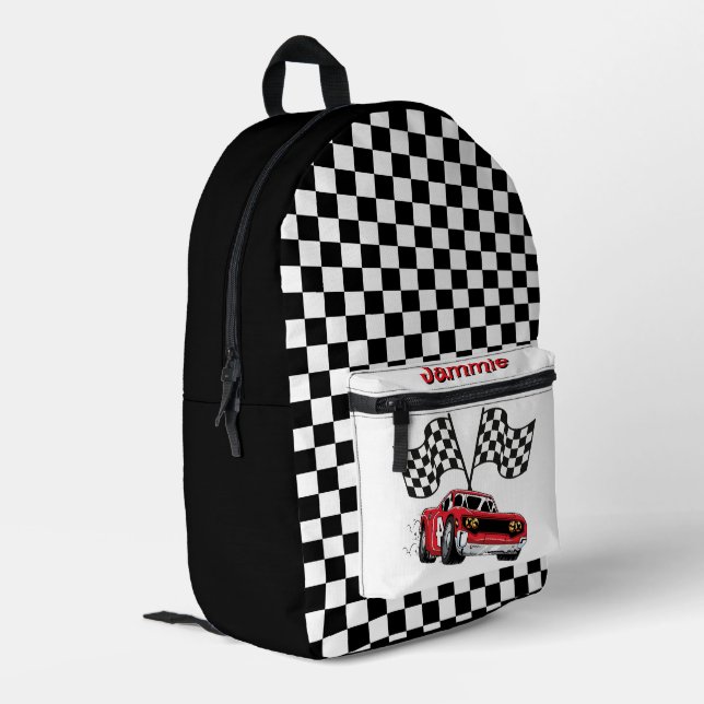 Personalized Red Race Car Printed Backpack (Back Corner Left)