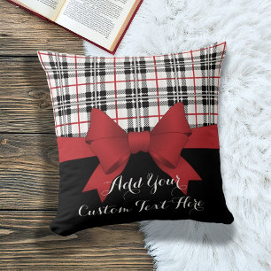 Personalized Red Ribbon and Tartan Plaid Throw Pillow