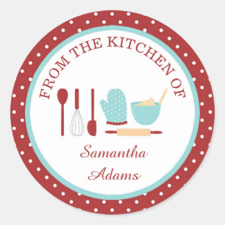 Personalized Red Robin and Blue Baking Kitchen Classic Round Sticker