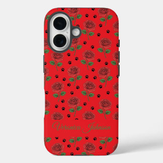 Personalized Red Rose and Paw Print Cat Mom iPhone 16 Case