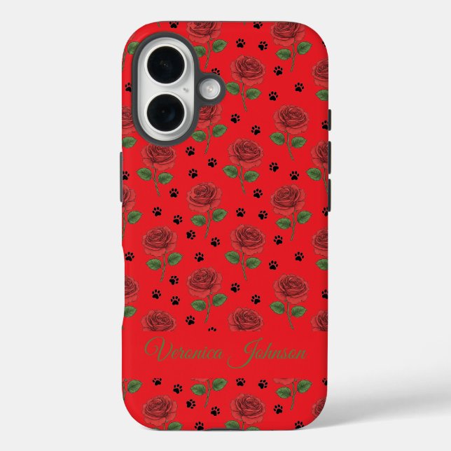 Personalized Red Rose and Paw Print Cat Mom Case-Mate iPhone Case (Back)