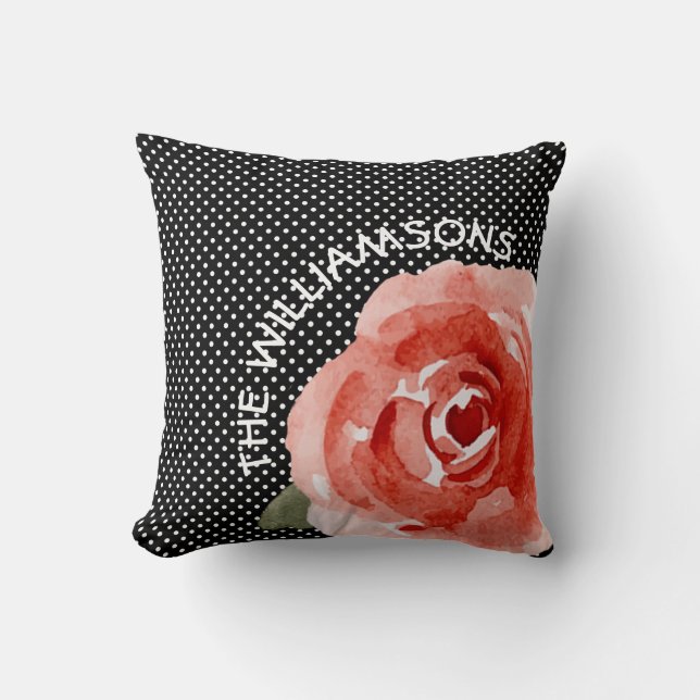 Personalized Red Rose on Black Throw Pillow (Front)