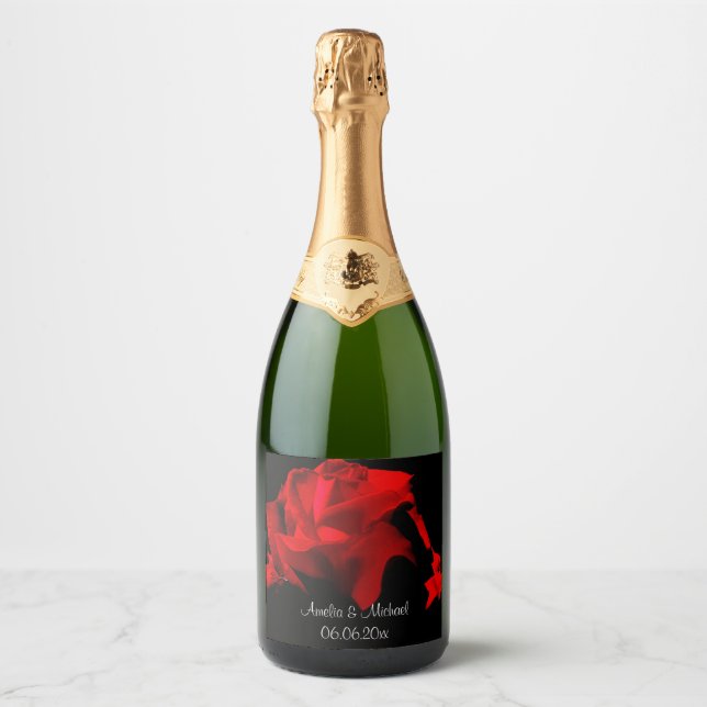 Personalized Red Rose Wedding Sparkling Wine Label (Front)