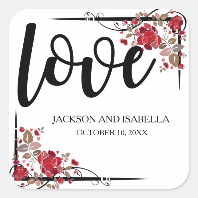 Personalized Red Roses and Love Wedding Stickers (Front)