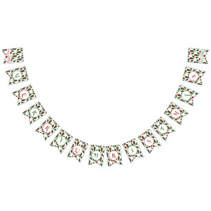 Personalized Red Roses Green Holly Merry Christmas Bunting Flags