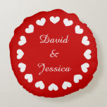 Personalized red round heart pillow for newly weds<br><div class="desc">Personalized red round heart pillow for newly weds. Romantic love design with name of bride and groom or husband and wife couple. Cute wedding or valentines day gift idea for newlyweds. Custom message on the back side like Together forever. Customizable red and white colours.</div>