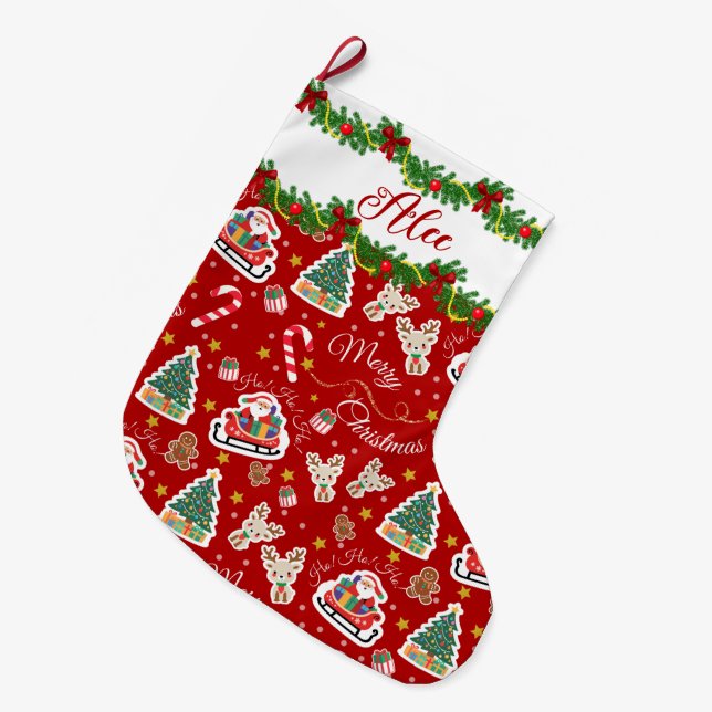 Personalized Red Santa Merry Christmas  Large Christmas Stocking (Front (Hanging))