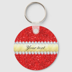 Personalized Red Sequins, Gold Foil, Diamonds Keychain