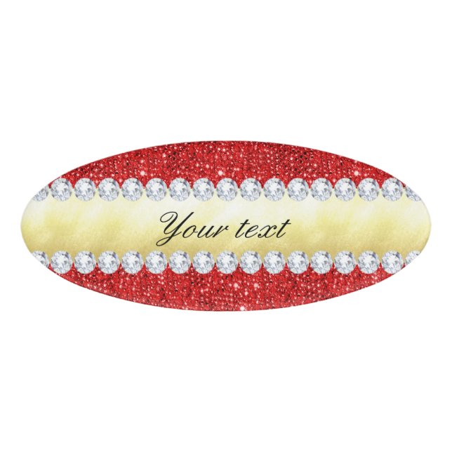 Personalized Red Sequins, Gold Foil, Diamonds Name Tag (Front)
