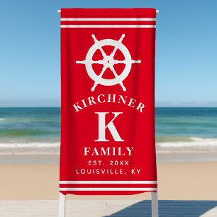 Personalized Red Ship Wheel Nautical Family Beach Towel