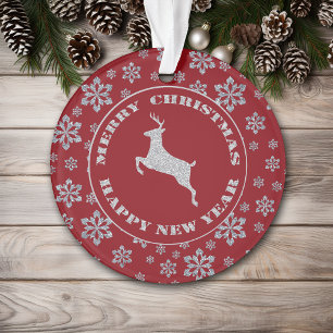 Personalized Red Silver Snowflake Reindeer Ornament