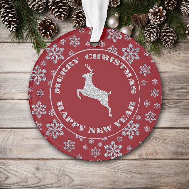 Personalized Red Silver Snowflake Reindeer Ornament (Creator Uploaded)