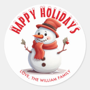 Personalized Red Snowcapped Happy Holidays Snowman Classic Round Sticker
