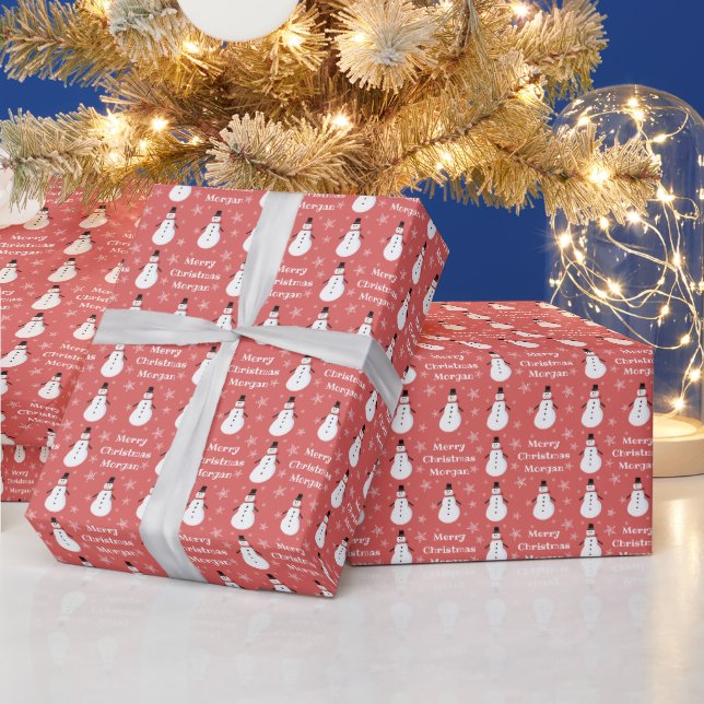 Personalized Red Snowman Snowflake Merry Christmas Wrapping Paper (Holidays)