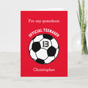 Personalized Red Soccer 13th Birthday Grandson Card