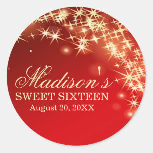 Personalized Red Sweet 16 Sticker with Gold Stars