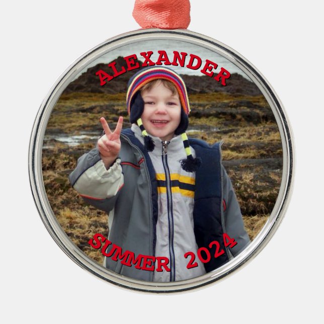 Personalized Red Text Round Family Photo Metal Ornament (Front)