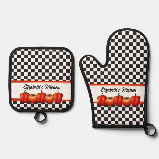 Personalized Red Tomatoes Pepper Italian Oven Mitt & Pot Holder Set (Front)