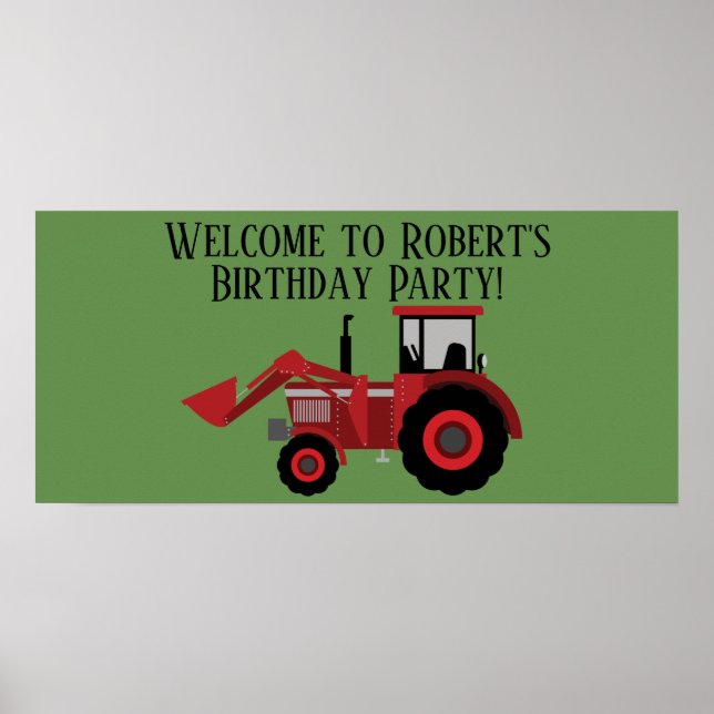 Personalized Red Tractor Green Birthday Party Poster (Front)