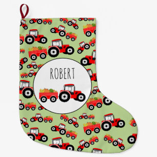 Personalized Red Tractor Truck Farm Produce Large Christmas Stocking