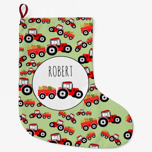 Personalized Red Tractor Truck Farm Produce Large Christmas Stocking (Front)