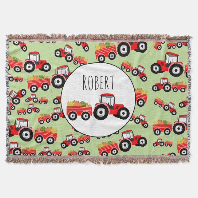 Personalized Red Tractor Truck Farm Produce Throw Blanket (Front)