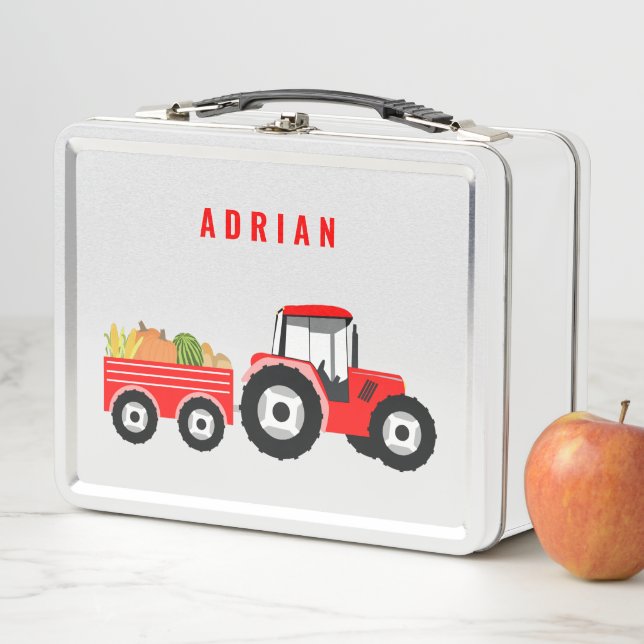 Personalized Red Tractor Truck Farm School Metal Lunch Box (In Situ)