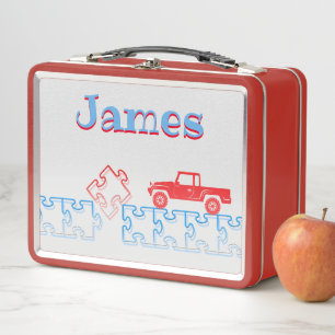 Personalized Red Truck And Puzzle Metal Lunch Box