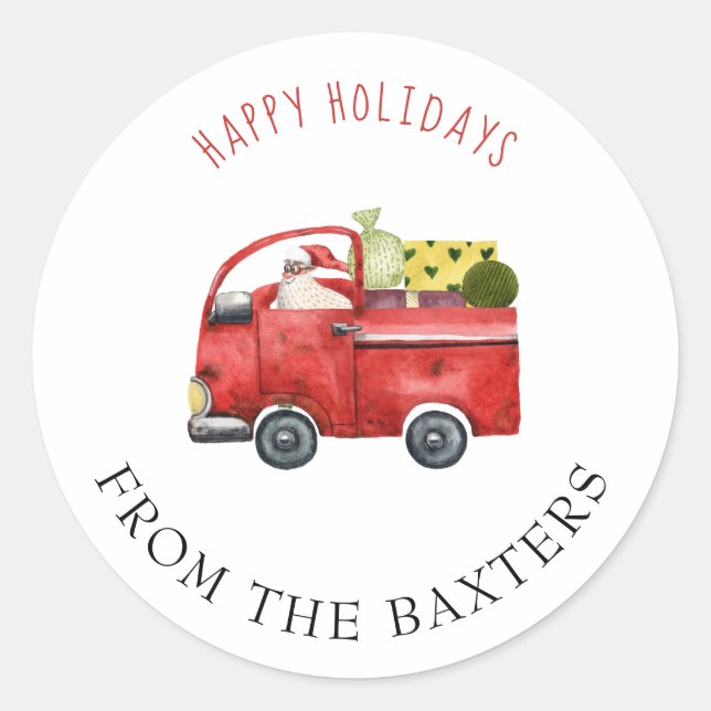 Personalized Red Truck and  Santa Christmas  Classic Round Sticker (Front)