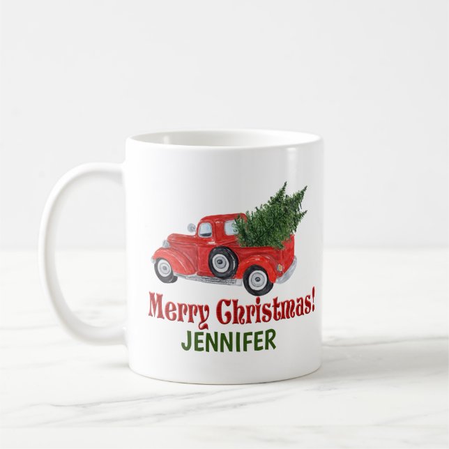 Personalized Red Truck and Tree Coffee Mug (Left)
