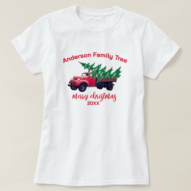 Personalized Red Truck Merry Christmas Family  T-Shirt (Design Front)