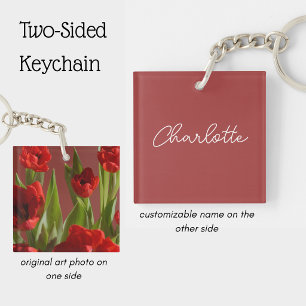 Personalized Red tulips Flower Photo Women's  Keychain