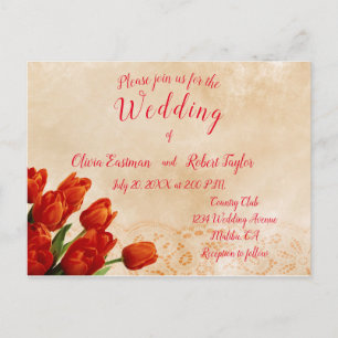 Personalized red tulips on lace background postcard