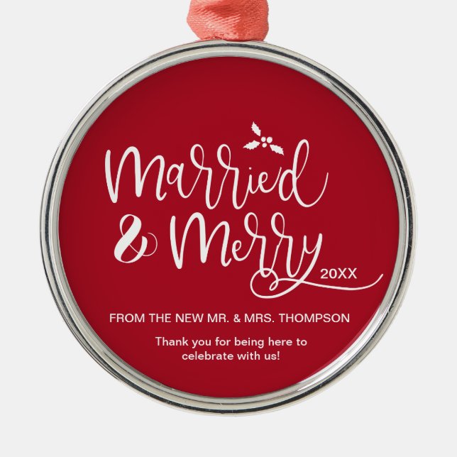 Personalized Red Wedding Favor Christmas Metal Ornament (Front)