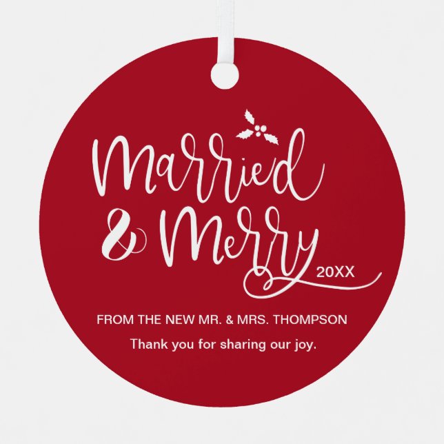 Personalized Red Wedding photo Favour Christmas Metal Ornament (Front)