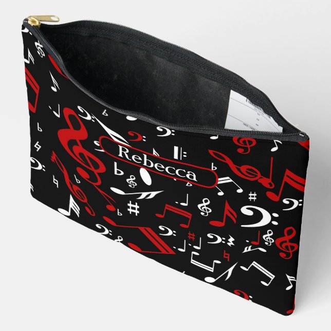 Personalized Red White and Black Musical Notes Accessory Pouch (Open)