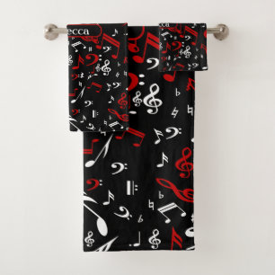 Personalized Red White and Black Musical Notes Bath Towel Set