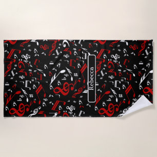 Personalized Red White and Black Musical Notes Beach Towel