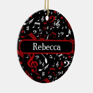Personalized Red White and Black Musical Notes Ceramic Ornament