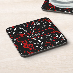 Personalized Red White and Black Musical Notes Coaster