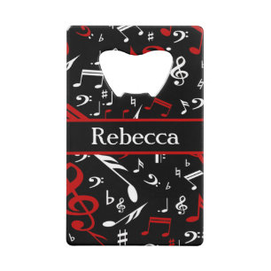 Personalized Red White and Black Musical Notes Credit Card Bottle Opener