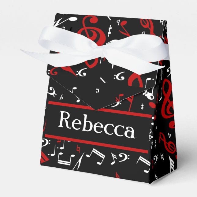 Personalized Red White and Black Musical Notes Favor Box (Front Side)