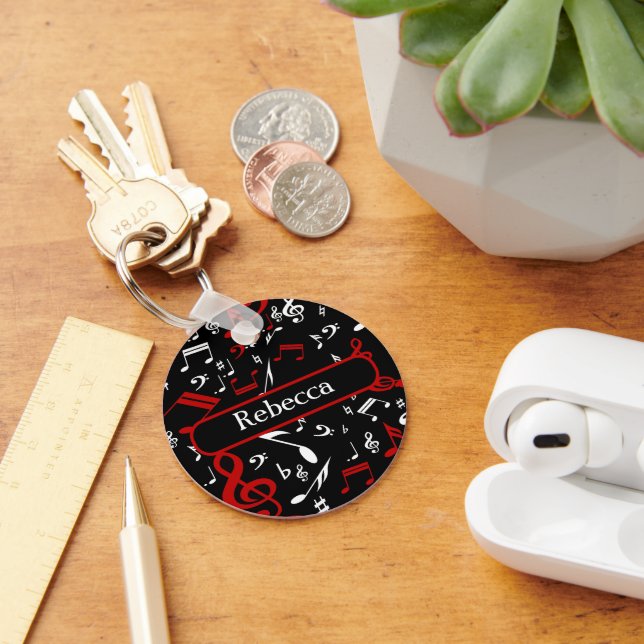 Personalized Red White and Black Musical Notes Keychain (Desk)